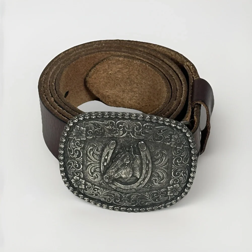 Montana Silversmiths Horse Horseshoe Buckle w/ Brown Leather Belt Size 42